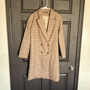 XS ladies long brown plaid jacket.